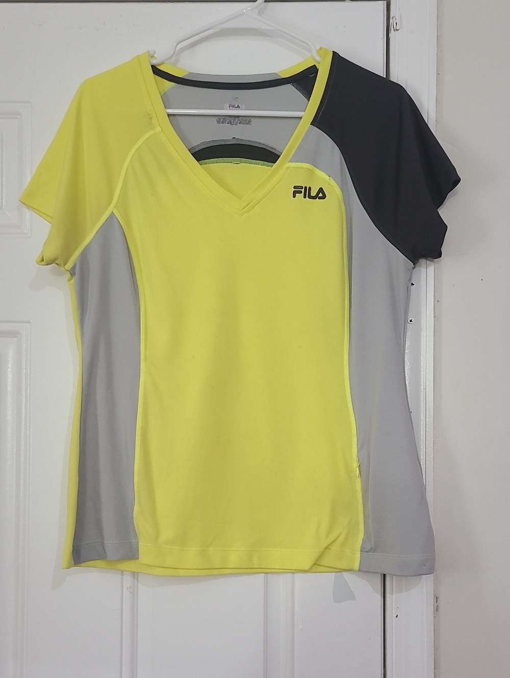 FILA Neon Yellow and Gray Colorblock V-Neck Athletic Tee